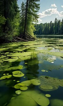 Floating Trash And Algae On Green Lake