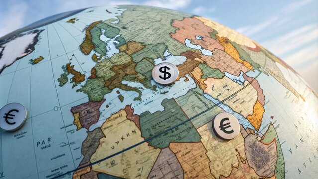 A large globe featuring prominent currency symbols like € Euro $ Dollar ¥ Yen and £ Pound tered across different continents.