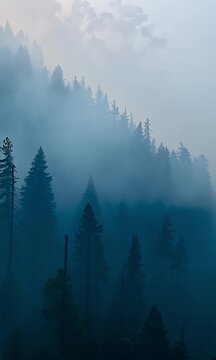 Foggy Forest Filled With Thick Smoke Haze