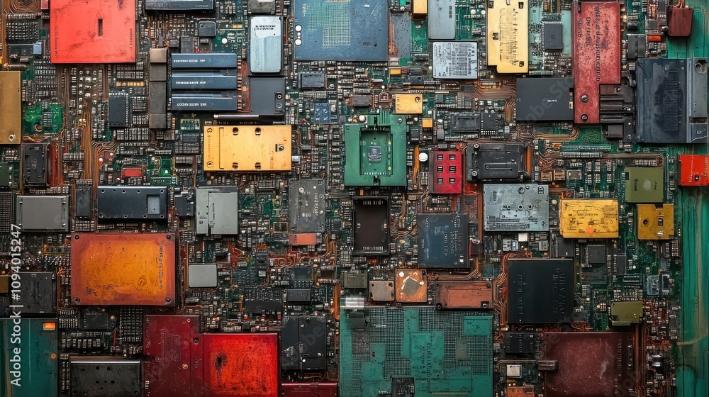 Poster a close-up view of a colorful circuit board showcasing electronic components and connections.