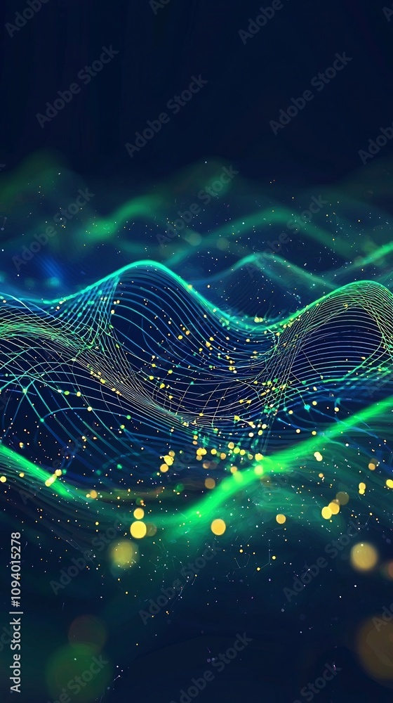 Poster glowing digital landscape with dynamic waves and particles futuristic abstract background representi