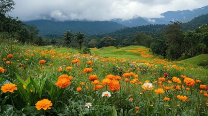 Obraz premium A vibrant field of orange and white flowers against a backdrop of mountains and clouds.