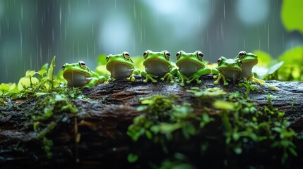 Naklejka premium Five green tree frogs sit on a log in the rain.