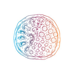 Large round assorted pizza with mushrooms, cheese, salami and tomatoes. Original vector illustration in vintage style.