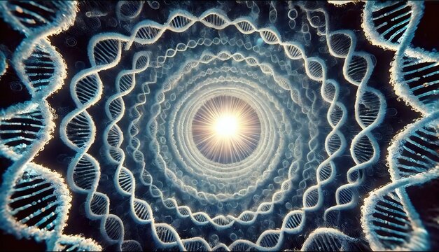 DNA en cadena circular, gira al rededor de una luz central. Representa la importancia del DNA en el universo. 