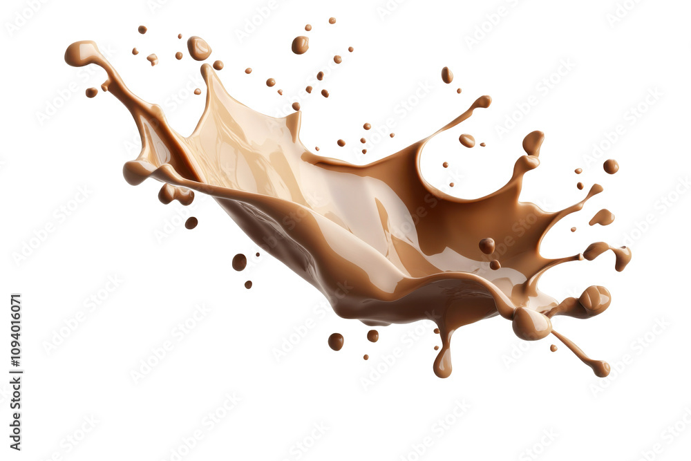 Poster this elegant splash of chocolate forms a dynamic curve with droplets, showcasing a rich brown tone. 
