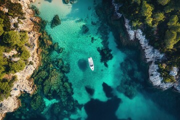 Aerial view of a boat in a secluded turquoise cove.