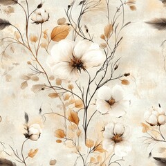 Seamless pattern of cotton flowers and scattered bird feathers on a soft