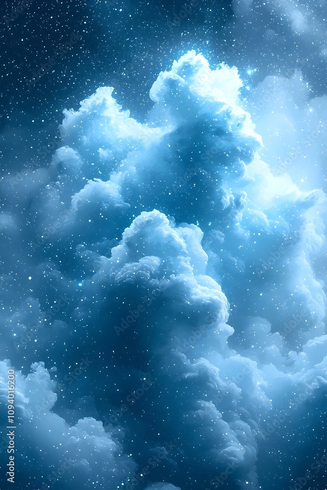 Poster a mesmerizing view of wispy blue clouds illuminated by a soft glow, set against a backdrop of twinkl