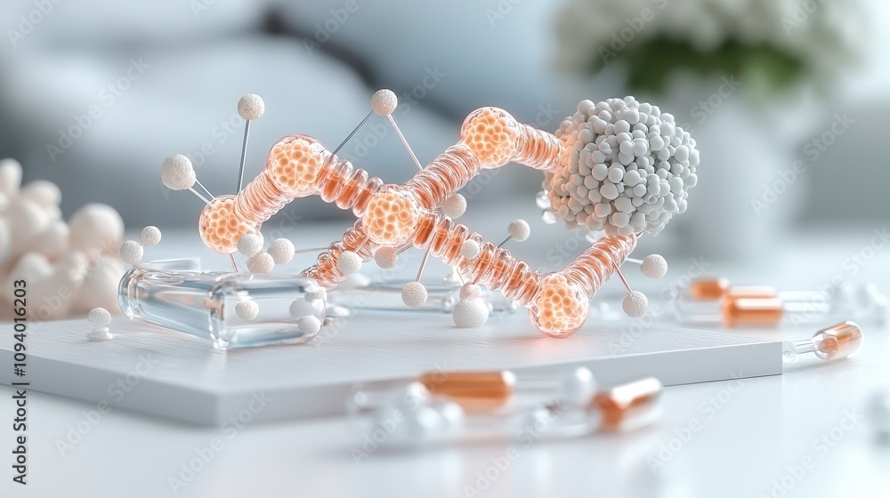 Poster abstract representation of molecular structures and laboratory equipment in an advanced biochemical 