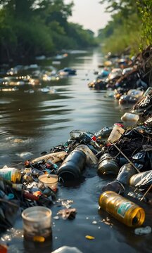 Murky Water With Cans And Plastic Waste