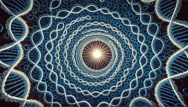 DNA en cadena circular, gira al rededor de una luz central. Representa la importancia del DNA en el universo. 