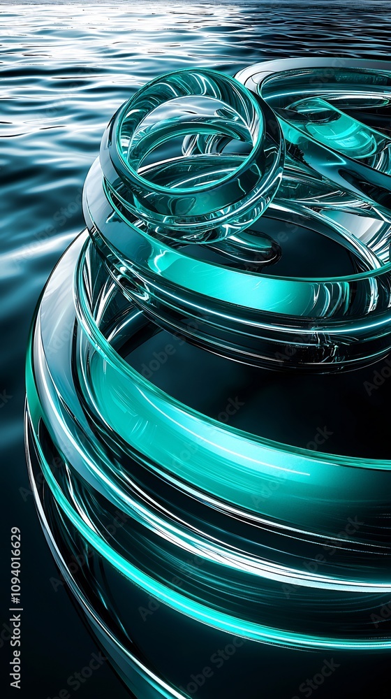 Poster stunning abstract image showcasing vibrant aquamarine and teal spiral reflections cascading across a