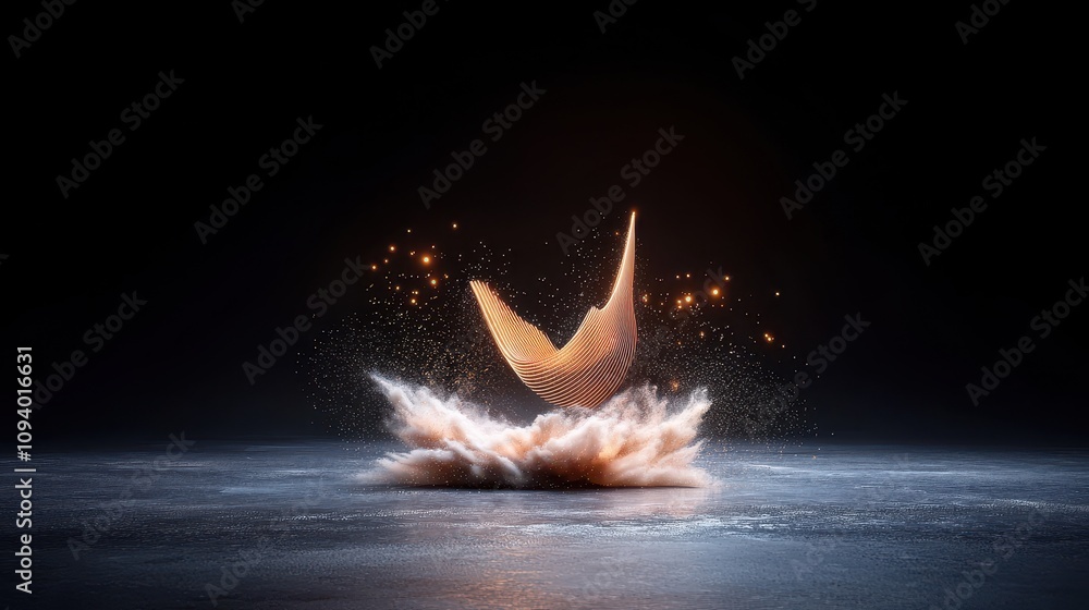 Poster Abstract wave formation creating dynamic splashes with glowing particles in a dark space, symbolizing creativity and innovation in modern art design