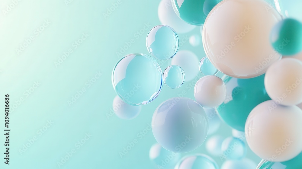 Poster frosted and reflective abstract bubbles in 3d with teal gradients