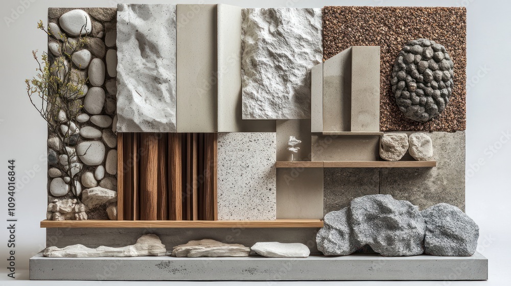 Poster a textured arrangement of materials showcasing design elements and natural forms.