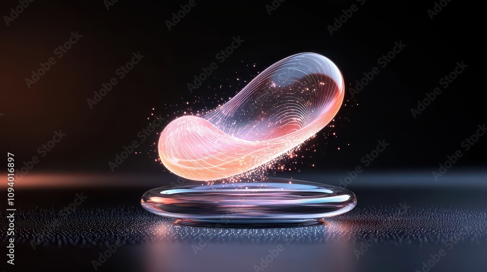 Poster Abstract digital art with glowing fluid shapes in vibrant colors, showcasing motion and light effects over a glossy surface, creating a futuristic atmosphere.