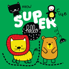 Playful Animal Illustration Featuring Lion, Bear, Penguin, and Cat with Fun Typography on a Green Background
