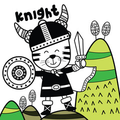 Cartoon Cat Knight Illustration with Sword and Shield in a Fantasy Landscape, Fun and Whimsical Design
