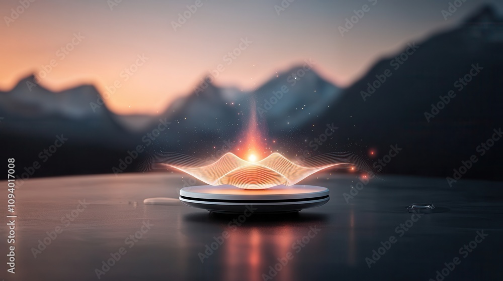 Poster abstract visualization of sound waves emanating from a floating disk, with a striking sunset and mou