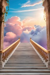 A majestic stairway, crafted from gleaming white marble, ascends to the heavens, its delicate banisters vanishing into the vibrant hues of dawn as the sun rises over the horizon. The stairs are , ai
