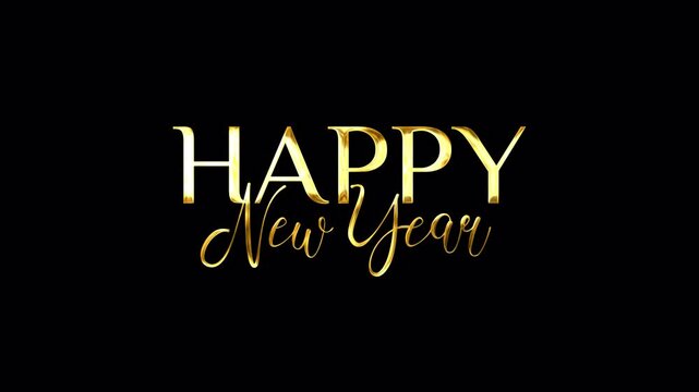 Happy new year text animation in gold color. Happy New Year Celebrations Around the World - New Year background. 4K motion graphics animation alpha channel