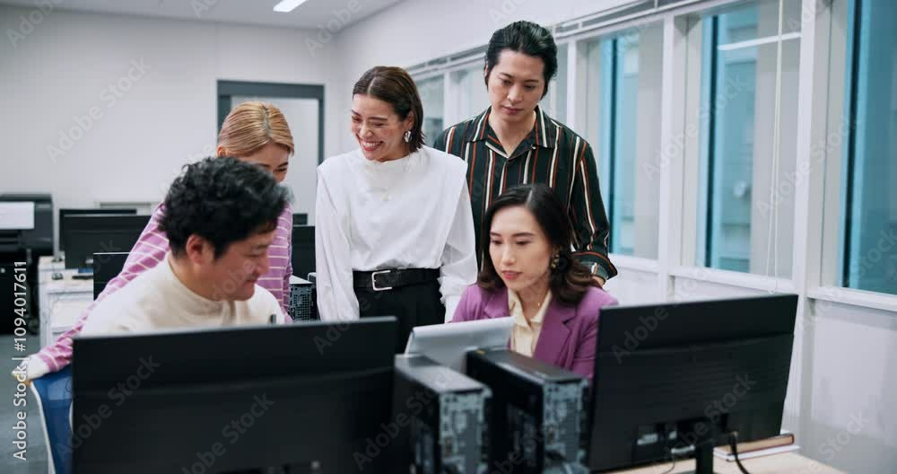 Poster japanese, business people and teamwork with desktop in office as software engineer for web agency. g