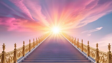 Obraz premium A majestic stairway, crafted from gleaming white marble, ascends to the heavens, its delicate banisters vanishing into the vibrant hues of dawn as the sun rises over the horizon. The stairs are , ai