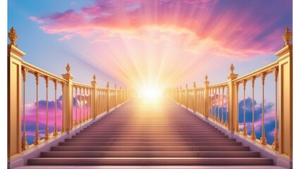 A majestic stairway, crafted from gleaming white marble, ascends to the heavens, its delicate banisters vanishing into the vibrant hues of dawn as the sun rises over the horizon. The stairs are , ai