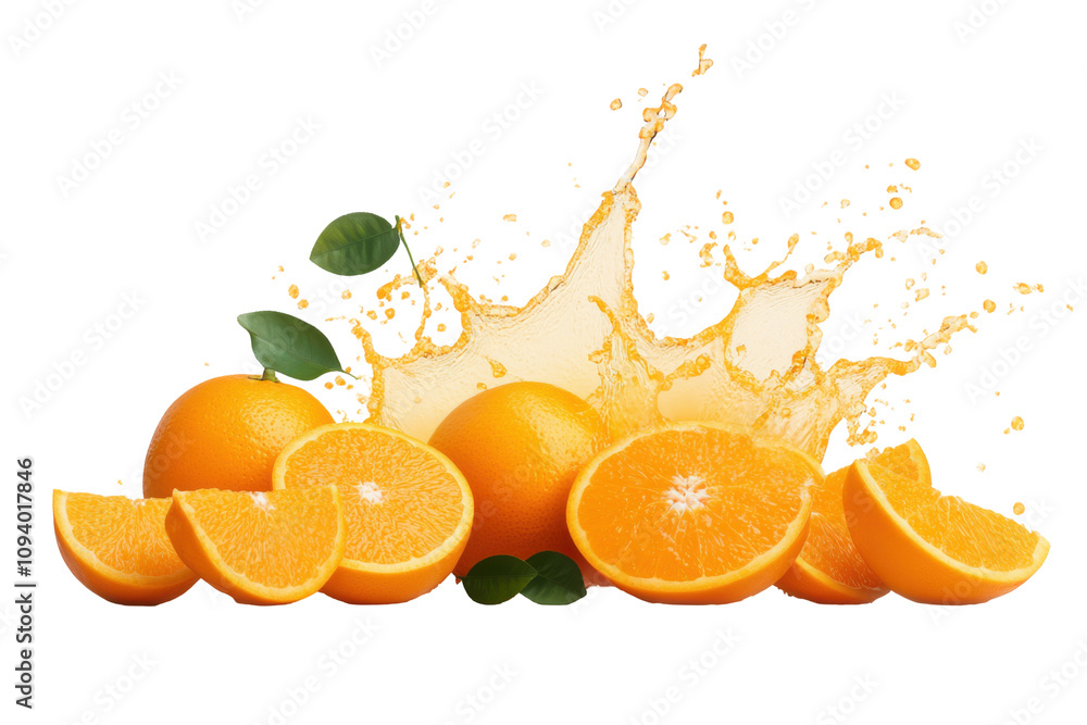 Aufkleber fresh oranges are displayed alongside slices, with a splash of juice erupting, creating a lively and