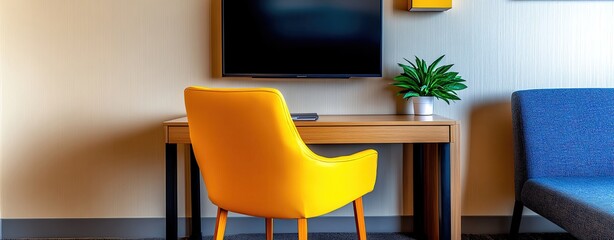 Hotel rooms concept. Cozy workspace with a vibrant yellow chair and modern decor.