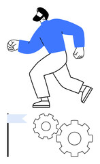 Obraz premium Man running forward wearing blue shirt and white pants, approaching goal flag, next to two gears. Ideal for motivation, goal setting, teamwork, progress, accomplishment, perseverance career growth