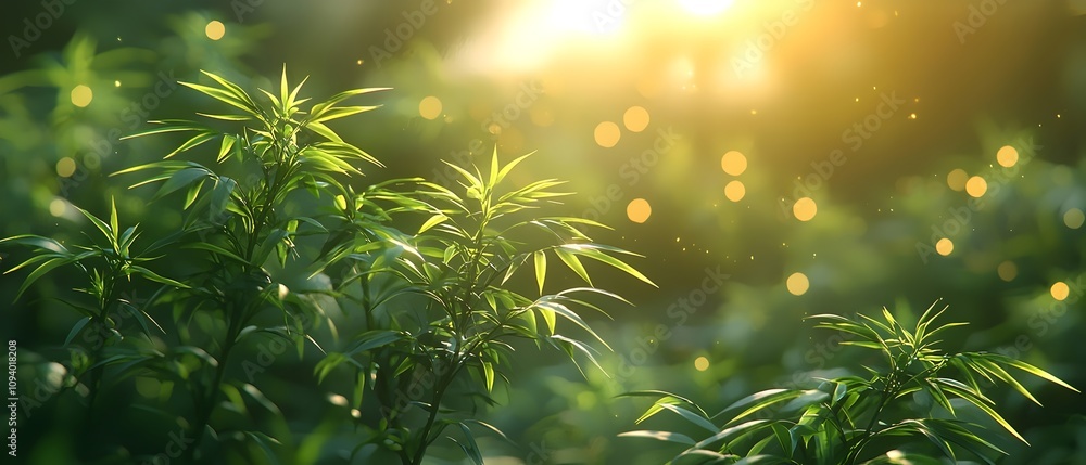 Poster a close-up view of vibrant green cannabis plants basking in warm sunlight, creating a serene and tra
