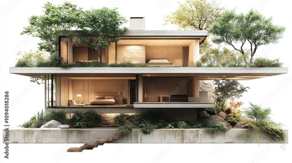Poster modern house design with natural elements and greenery integrated into architecture.