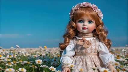 Fototapeta premium Porcelain Doll with Blonde Hair Wearing a Flower Crown in a Field of Daisies