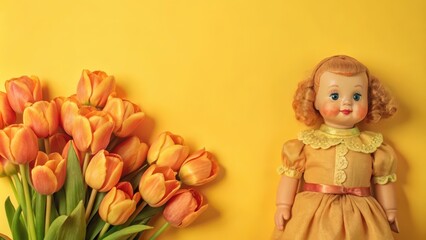 Fototapeta premium Vintage Doll and Orange Tulips on a Yellow Background