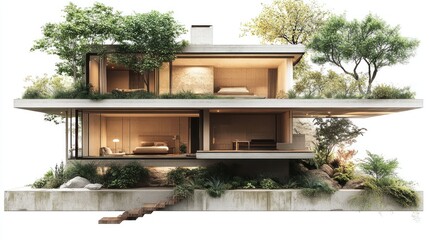 Modern house design with natural elements and greenery integrated into architecture.
