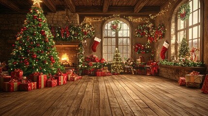 digital photography backdrop, a living room with a wooden floor, a Christmas tree and lots of Christmas decorations, fairytale atmosphere