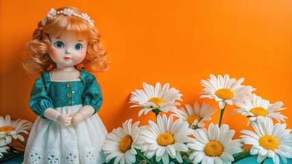 Fototapeta premium Porcelain Doll with Daisies and Orange Background