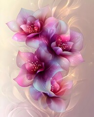 A stunning illustration of four vibrant, stylized flowers in shades of pink and purple, emanating elegance and lightness with soft, swirling lines and subtle sparkles.