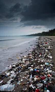 Polluted Beach With Cloudy Gray Sky