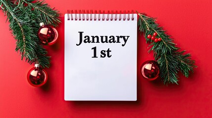 Happy new year mockup product, New year mockup product concept, A festive calendar page displays "January 1st," surrounded by holiday decorations, symbolizing New Year's Day and seasonal cheer.