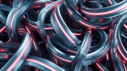 geometric abstract. A vibrant, intricate arrangement of intertwined metallic strands with glowing accents, creating a visually striking abstract composition.