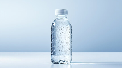 Clear glass bottle of mineral water with condensation and bubbles