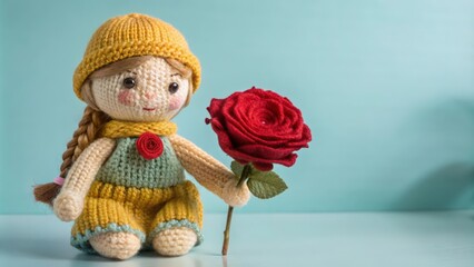 Knitted Doll Holding a Red Rose on a Blue Background