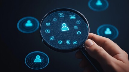 privacy data protection sensitive concept. Hand holding magnifying glass over digital user icons, dark background.