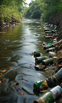 River Pollution From Cans And Waste