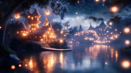 magical cottage by serene lake, illuminated by glowing lights