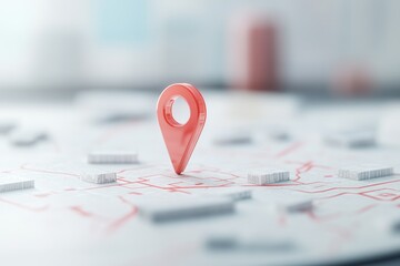 Fototapeta premium A red location marker positioned over a detailed map layout illustrates navigation options while emphasizing important geographic points
