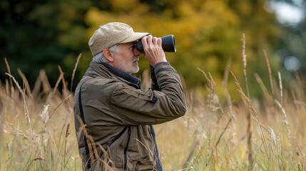 Senior man engaged in birdwatching with binoculars, enjoying nature in a field surrounded by tall grass and colorful trees in the background during a sunny day.